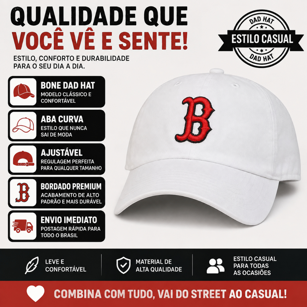 Boné Boston Dad Hat Aba Curva Bordado Premium Ajustável Unissex Casual Streetwear 6 Gomos — imagem 2 de 2