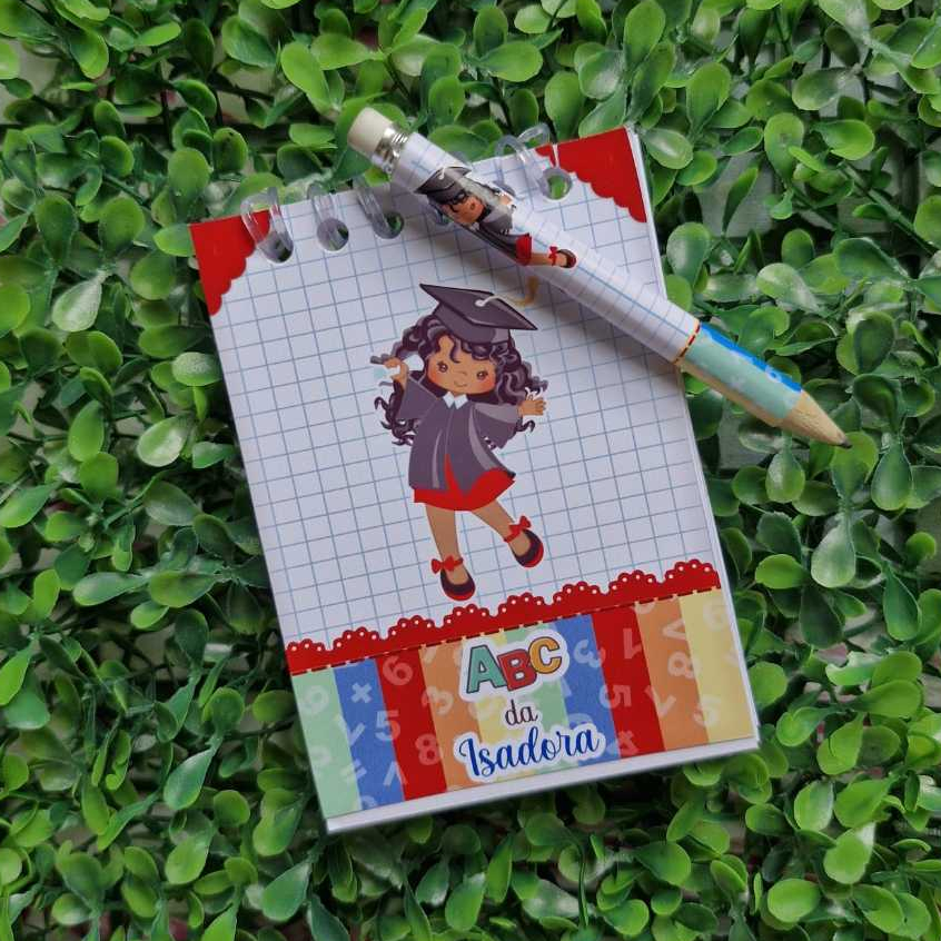 Kit Bloquinhos Personalizados + Mini Lápis Lembrancinhas Surpresa para Aniversário Formatura de ABC