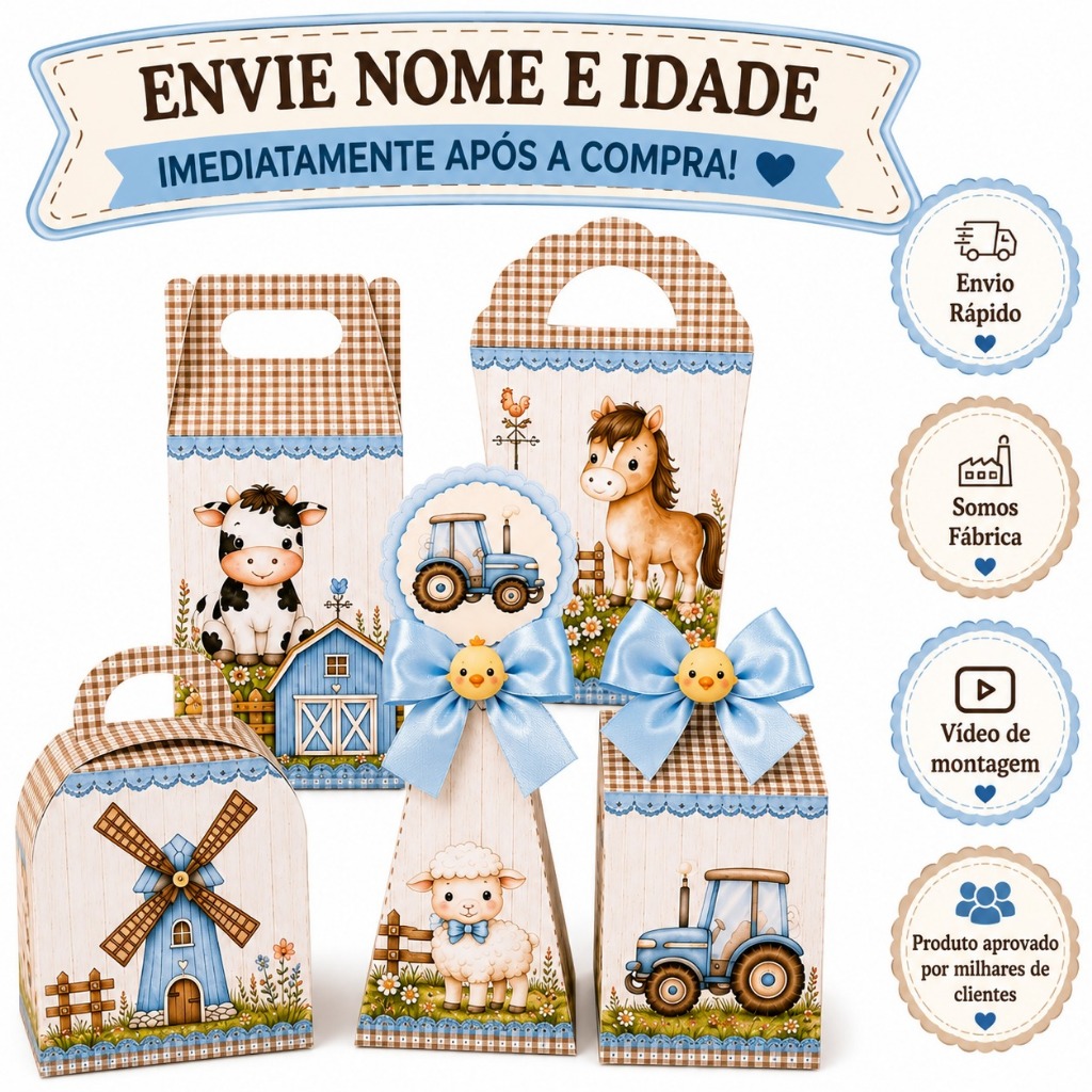 Kit de Caixinhas Personalizada no tema Fazendinha Azul para Lembrancinhas de festa Infantil com 10 a 40 unidades