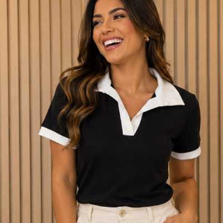Polo Feminina Camisa Manga Curta Blusa Elegante Camisa Confortável Estilo Moderno  Ajustada ao Corpo