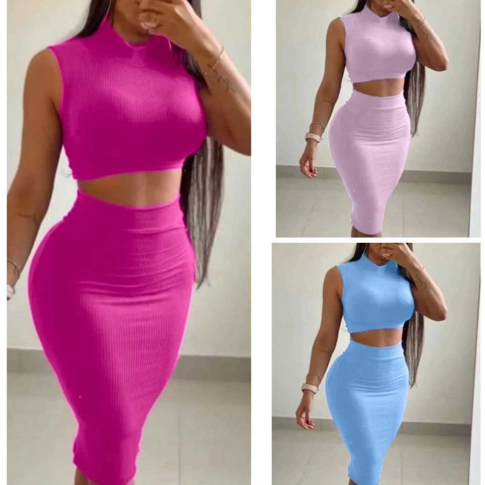 Mid Conjunto Feminino Justinho Canelado com Elastano Saia e Cropped Gola Alta Tamanhos P,M,G,GG