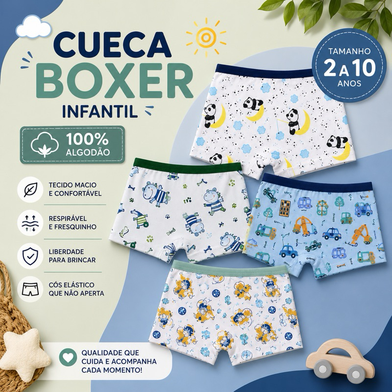 Kit até 12 Cueca Boxer Infantil Menino 2 a 10 Anos Conforto Premium