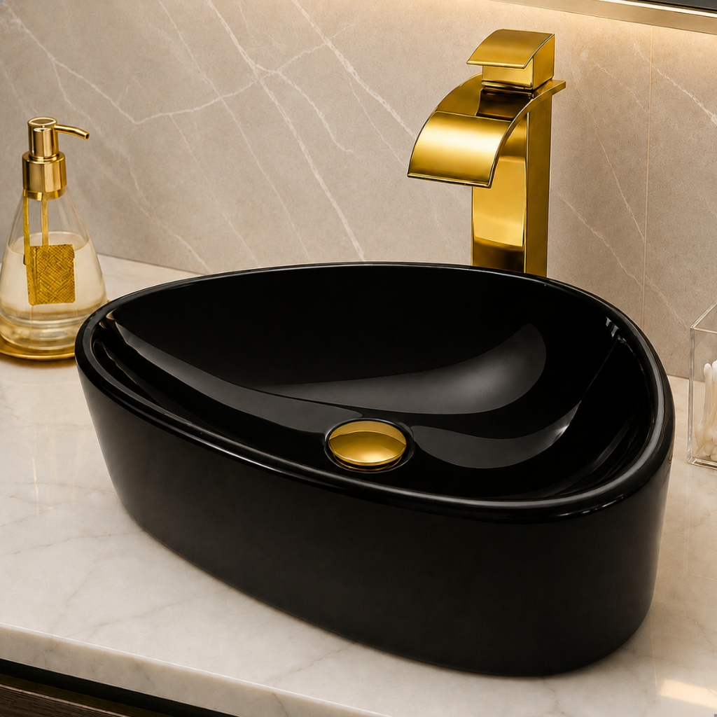 QUEIMA DE ESTOQUE! Cuba Para Banheiro Pia De Apoio Organica 43cm Lavabo Em Mármore Sintético Preta