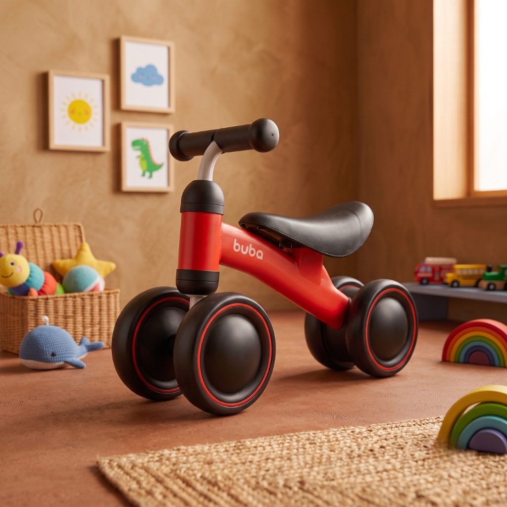 Bicicleta Equilíbrio Buba 4 Rodas Vermelho Infantil Menino Andador Sem Pedal Mini Bike