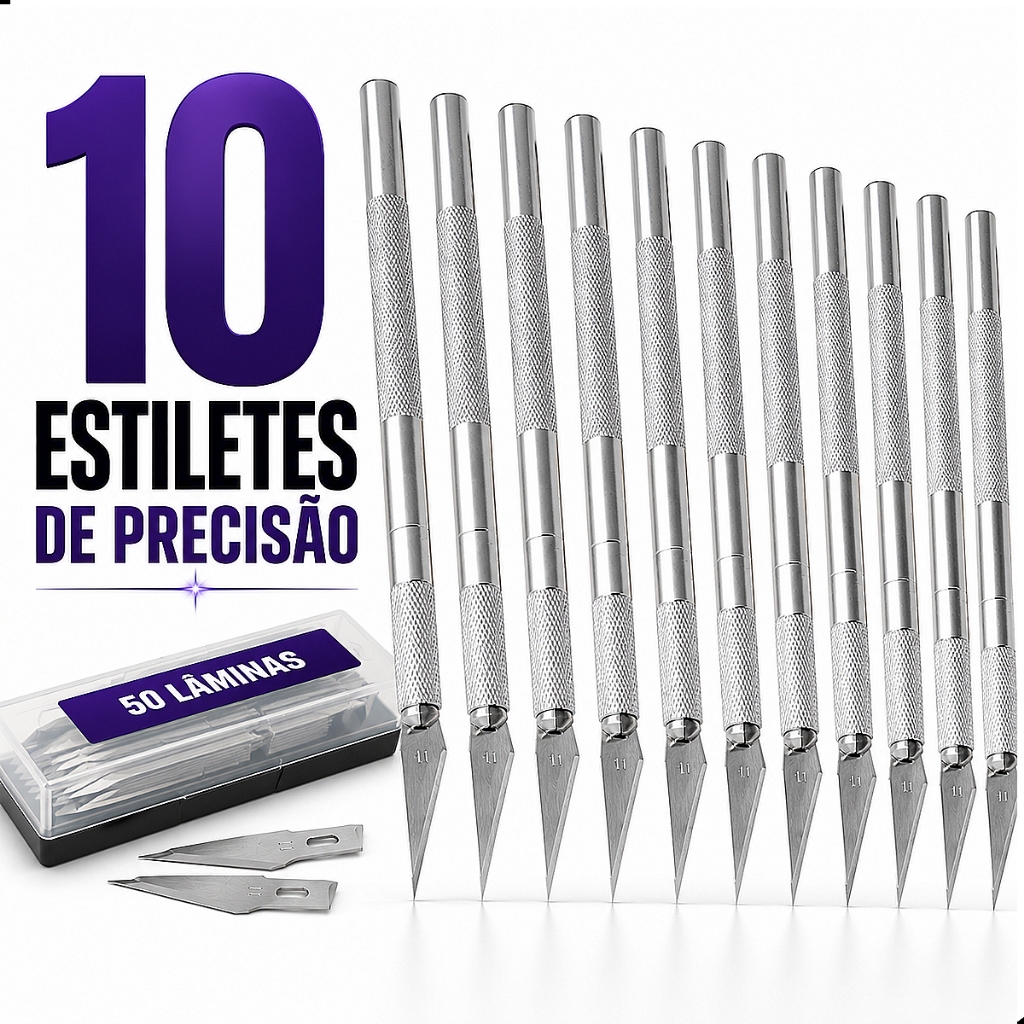 Estilete Precisão Bisturi Kit 10 Pcs + 50 Lâminas