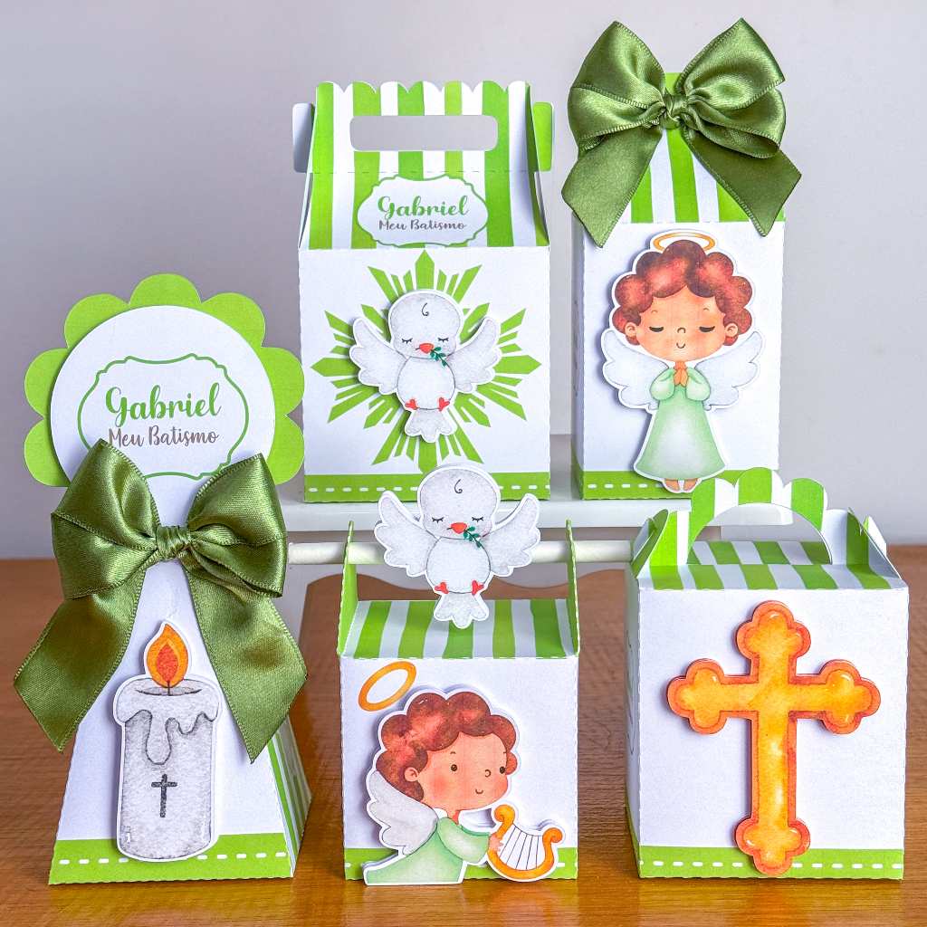 Kit Festa Batizado Menino Verde Caixinha Papelaria Personalizada Lembrancinha Caixa DESMONTADO