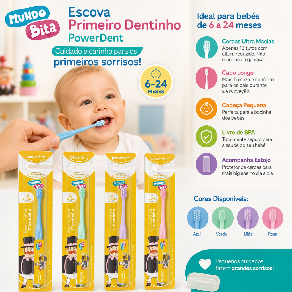Escova Dental Infantil Primeiro Dentinho Mundo Bita Powerdent - Crianças 6 a 24 meses - Cerdas Ultra Macias