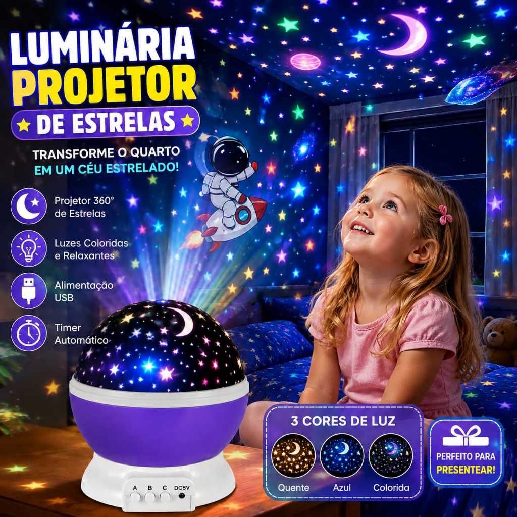 Luminária Projetor Abajur Infantil Estrelado lua Estrela 360º Galaxy Star Master Projetor De Estrela