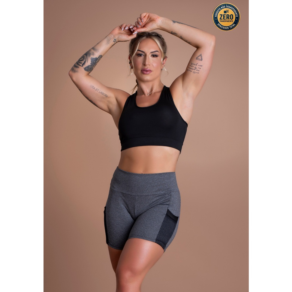 Conjunto Fitness Feminino Short Bolso Tela Cabe Celular E Top Nadador Básico Academia ZERO TRANSPARÊNCIA