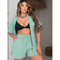 Conjunto Kimono Feminino Saída de Praia Manga Curta E Short Duna Elegante Casual Soltinho Primavera Verão