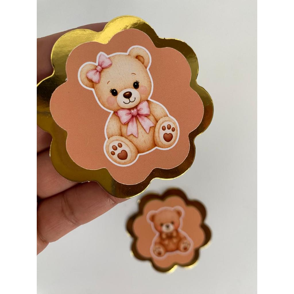 50 Apliques 3d Chá Revelação Ursinhos - Fundo Dourado 6 cm ideal para lembrancinhas caixinhas e pirulitos de chocolate