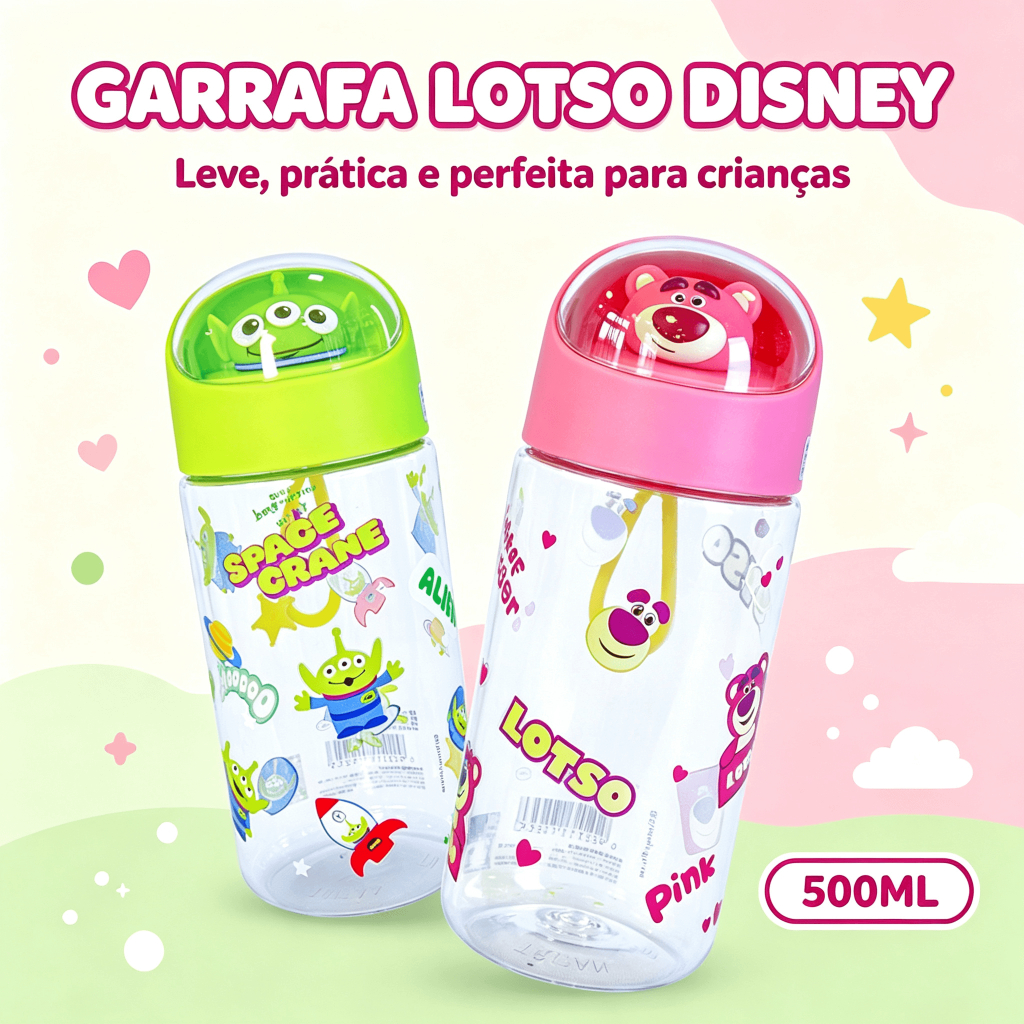 Garrafa Água Squeeze Infantil Lotso/Alien Toy Story 500ml Escolar Passeio Resistente Disney