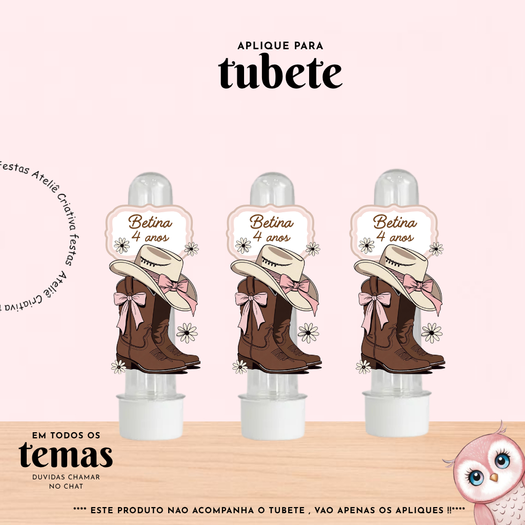 Aplique para Tubete Personalizado com nome Bota Boiadeira  Lembrancinha Festa Infantil Aniversário Mimo TODOS OS TEMAS