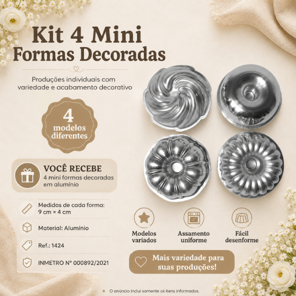 4 Forma Mini Decorada Caparroz Alumínio 9x4cm para Mini Bolos Pudins Mousses Flans e Sobremesas