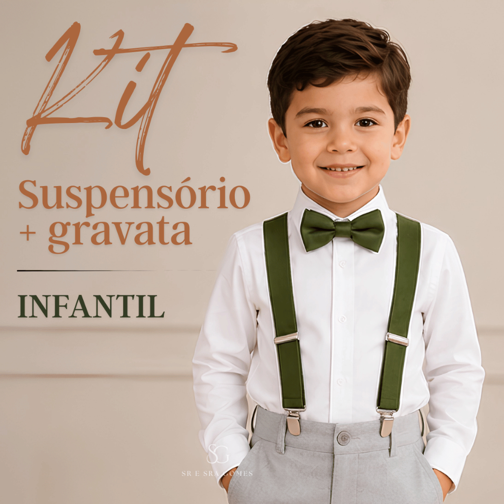 Kit Suspensório Verde Oliva + Gravata Borboleta Infantil
