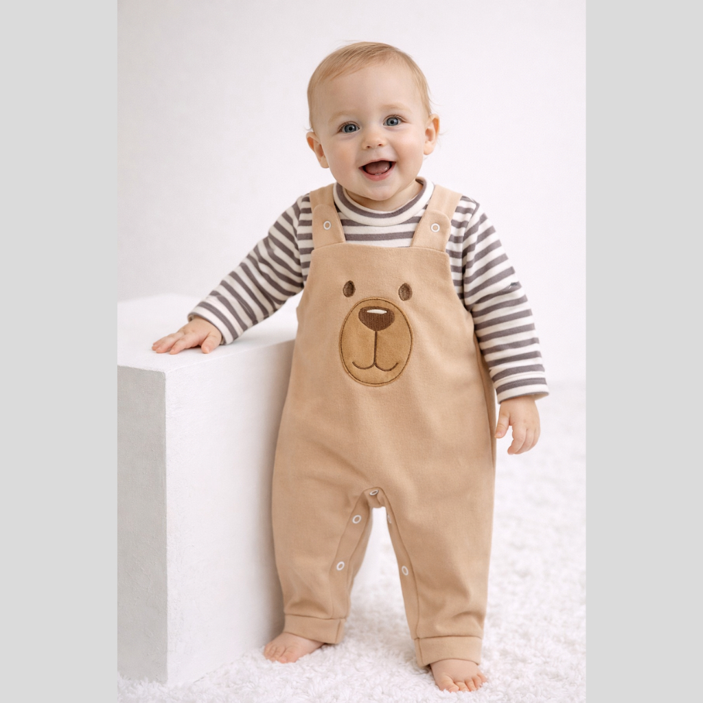 Conjunto para Bebê Menino Jardineira + Camiseta Longa Bordada Listras Inverno Algodão