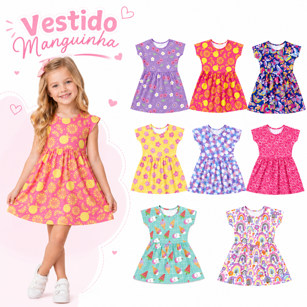 Kit Vestido Infantil Menina do 01 ao 14 Anos | Vestido para Criança | Vestido Infantil Juvenil Manga Curta Estampado