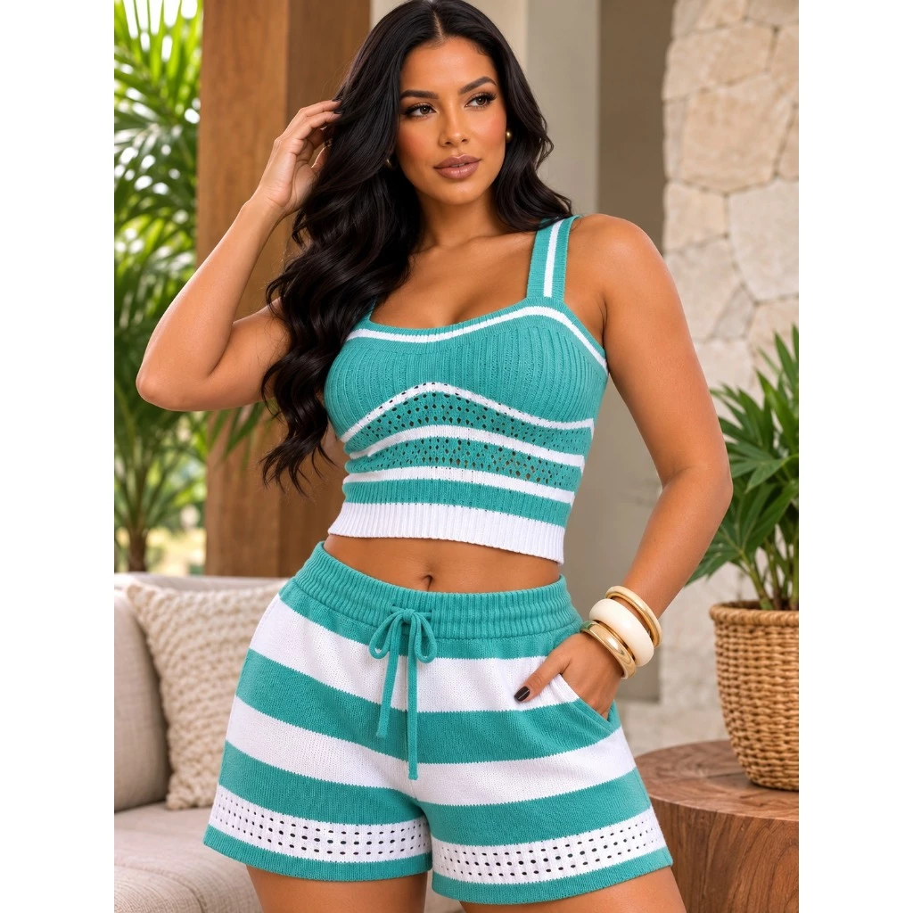 Conjunto Feminino Tricô Verão Short + Cropped Listrado Moda Praia Look Resort Premium 36 ao 42 — imagem 1