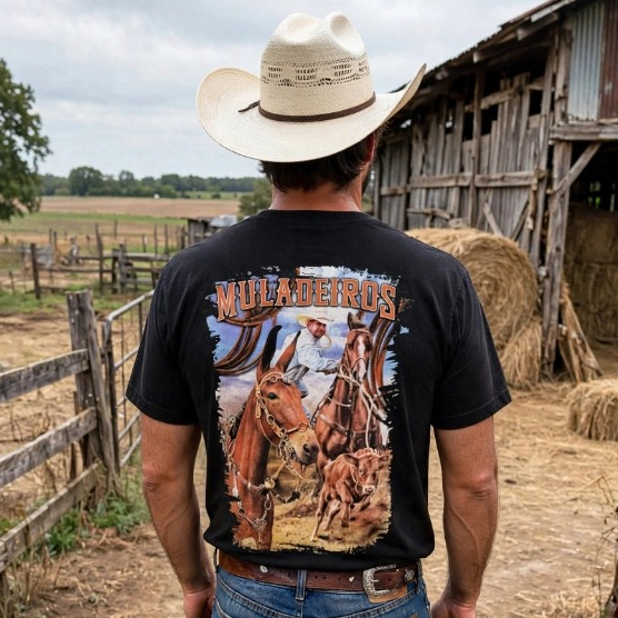 Camiseta Muladeiro Country Mula Muladeiros Agro Rodeio Cavalgada Estampa Costas Algodão 30.1 Unissex