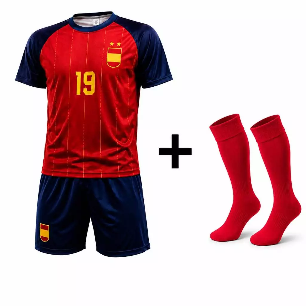 Kit Conjunto Esportivo Juvenil Camisa e Short Bordados + Meiao Completo Espanha | Envio Rápido — imagem 1