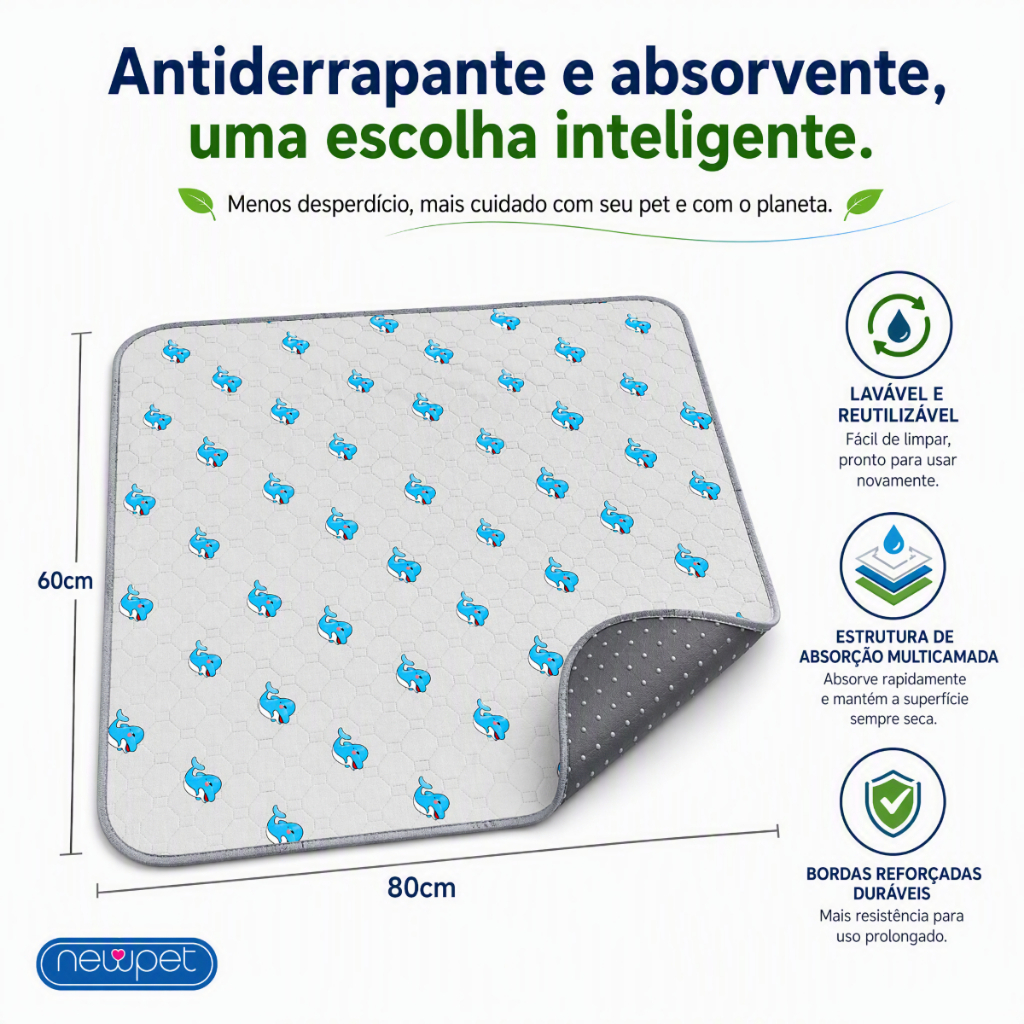 Tapete Higiênico Lavável para Cães 80x60cm Reutilizável Super Absorvente Impermeável Anti Vazamento Xixi Pet