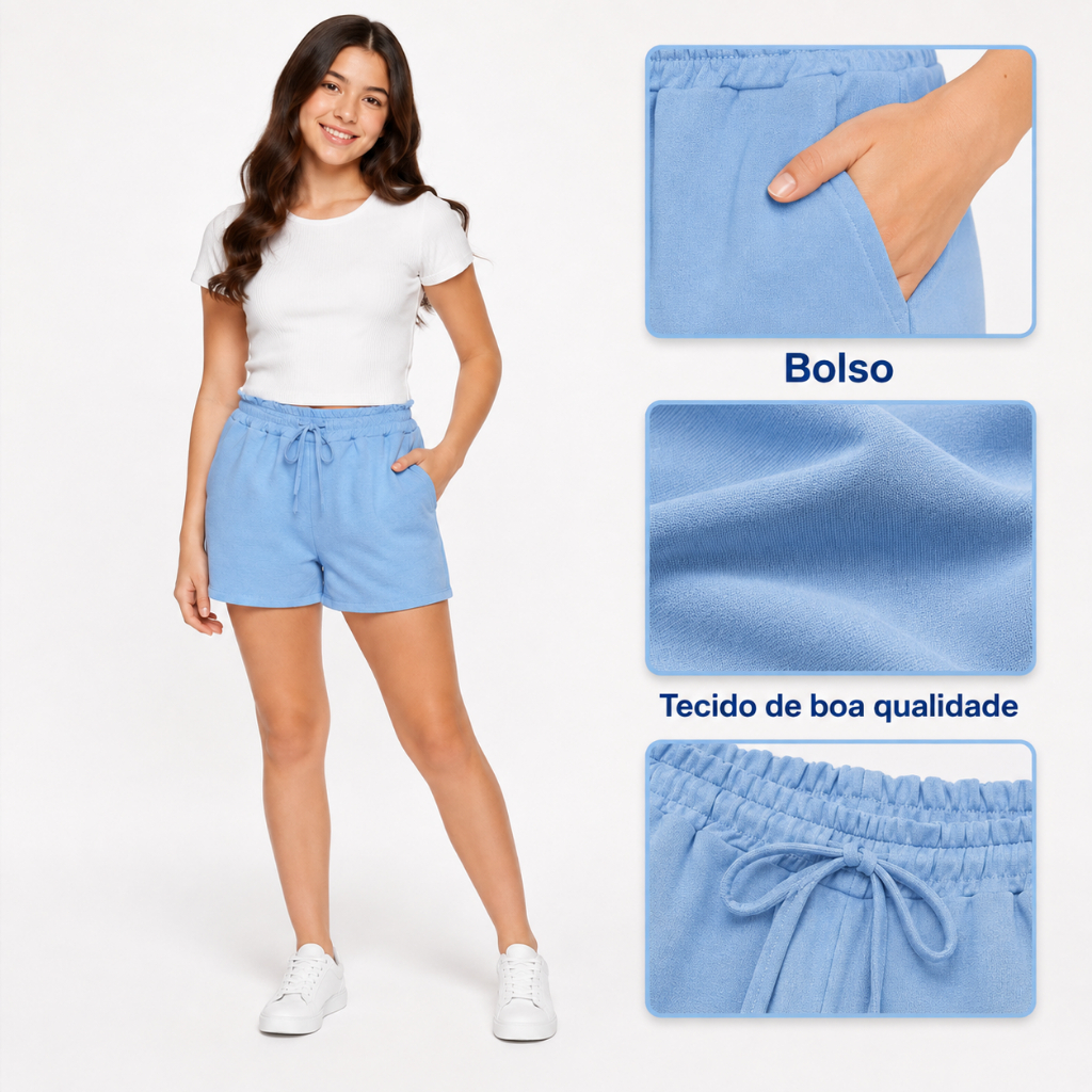 Short Duna Com Bolso Elastico Na Cintura Moda Juvenil Tendencia Feminina Casual Adolescente Verao Tecido Leve 10 ao 16