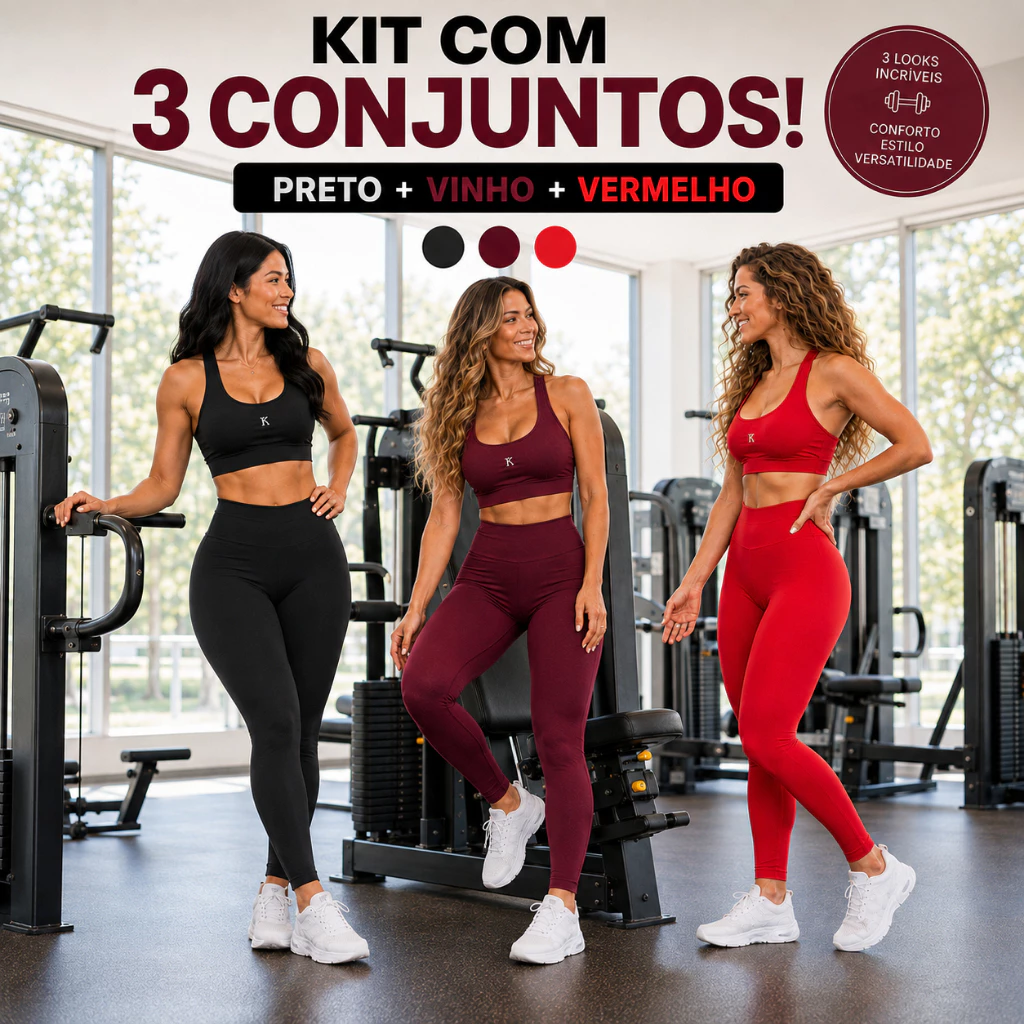 Kit 3 Conjuntos Fitness Feminino Top + Calça Legging Cintura Alta Academia Treino