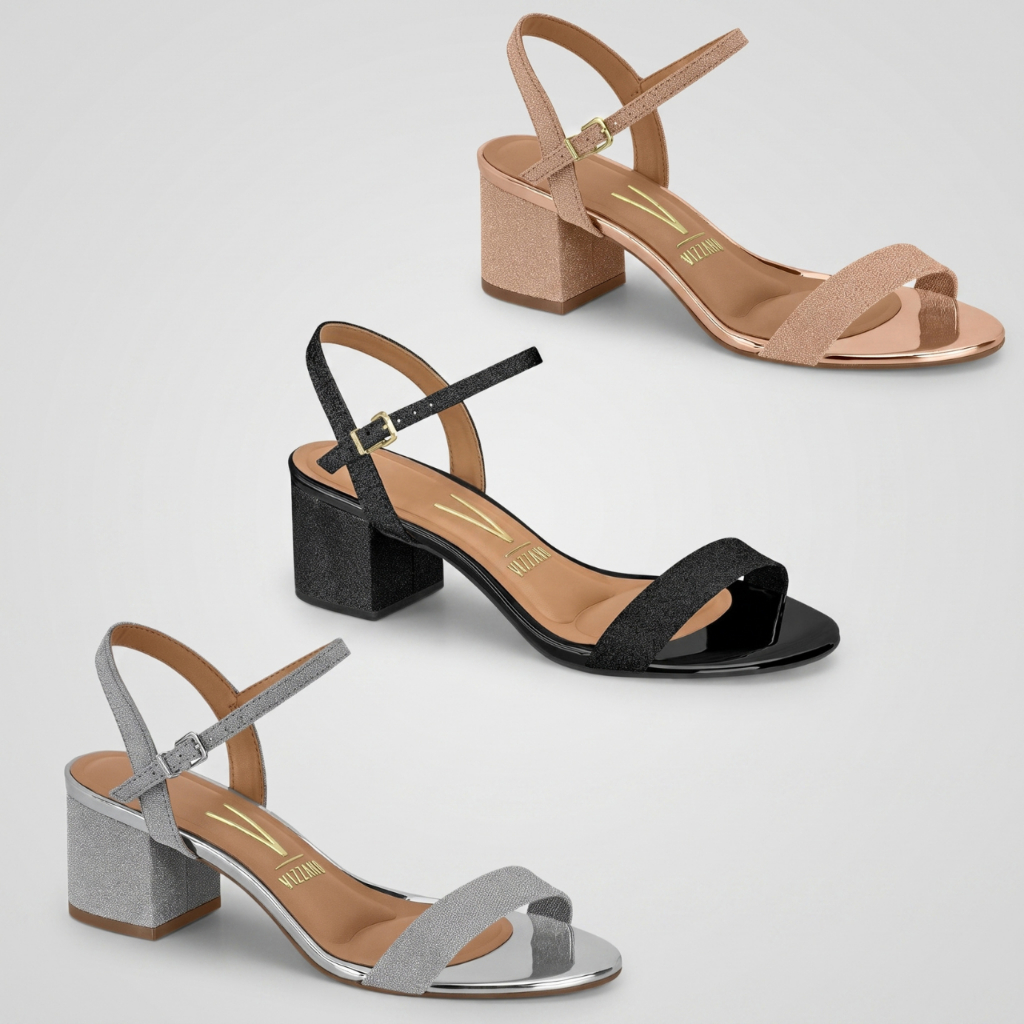 Sandália Feminina Vizzano Salto Bloco Grosso Conforto Glitter Strass Brilho