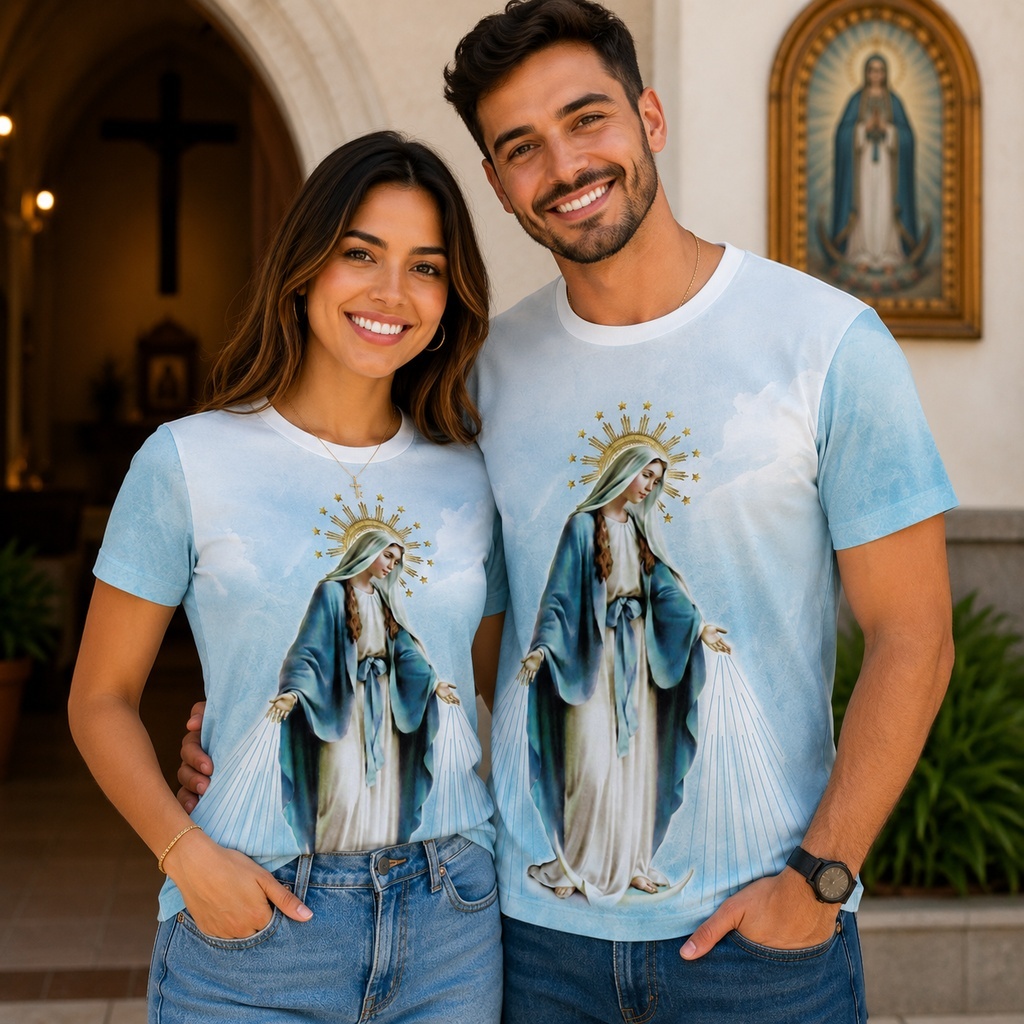 Camiseta Nossa Senhora das Graças Unissex Religiosa Católica Fé Devoção Estampada Manga Curta
