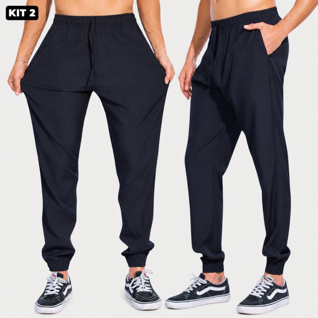 Kit 2 Calças Jogger Masculinas Tactel com Elastano Academia Treino Esportiva Slim Fit