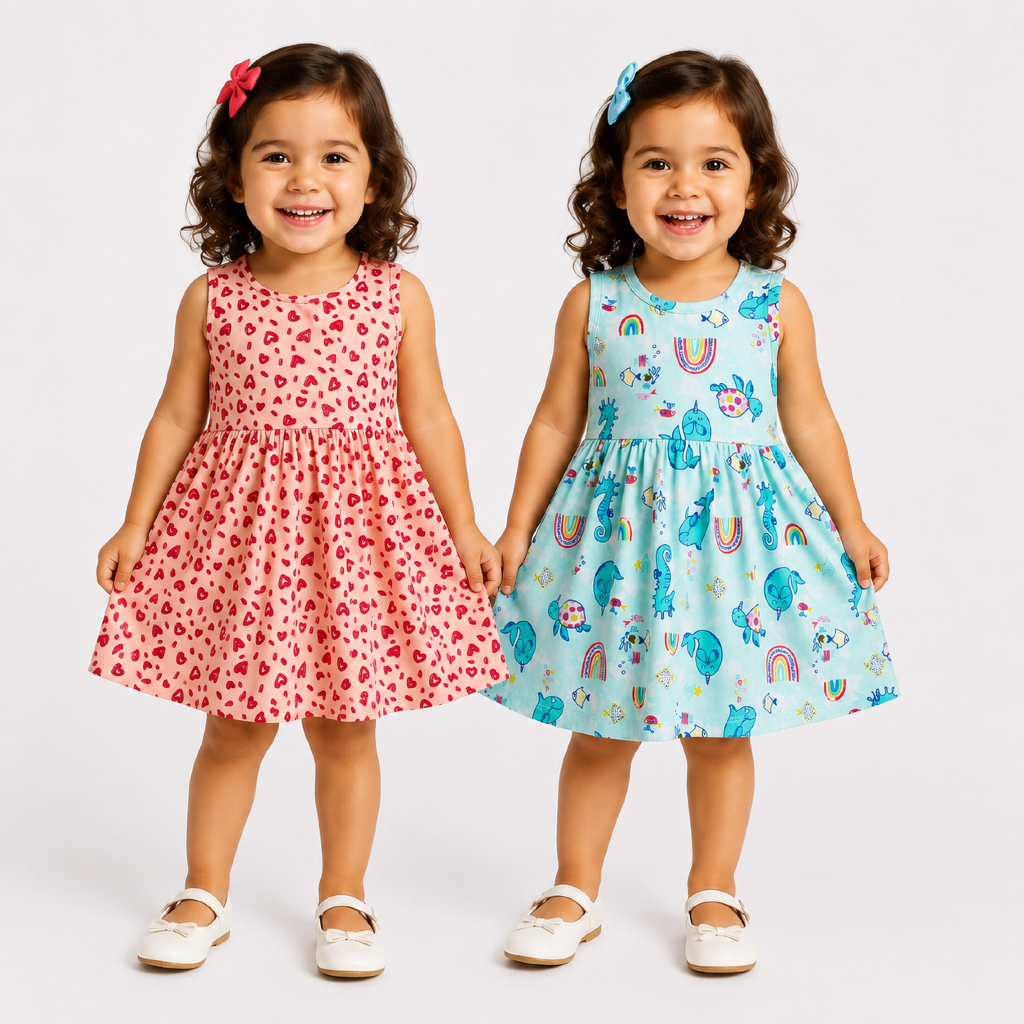 Kit 2 Vestidos Regata Infantis Menina Algodão com Elastano Estampas Sortidas Conforto | 1 a 10 anos | REF 2425