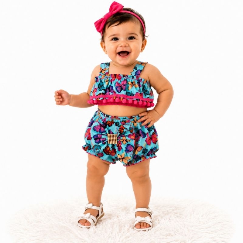 Conjunto Bebê Menina 0 a 6 Meses Piscina Roupa Infantil Feminina Cropped + Short Verão Praia