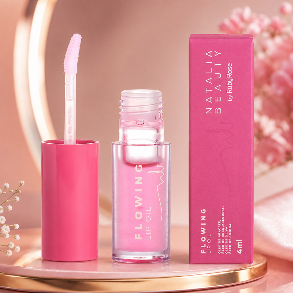 Lip Oil Ruby Rose Natália Beauty Flowing Hidratante Labial Brilho Intenso