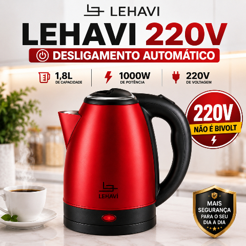 Chaleira Elétrica 220V Inox Vermelha 1,8L Aquecimento Rápido Desligamento Automático