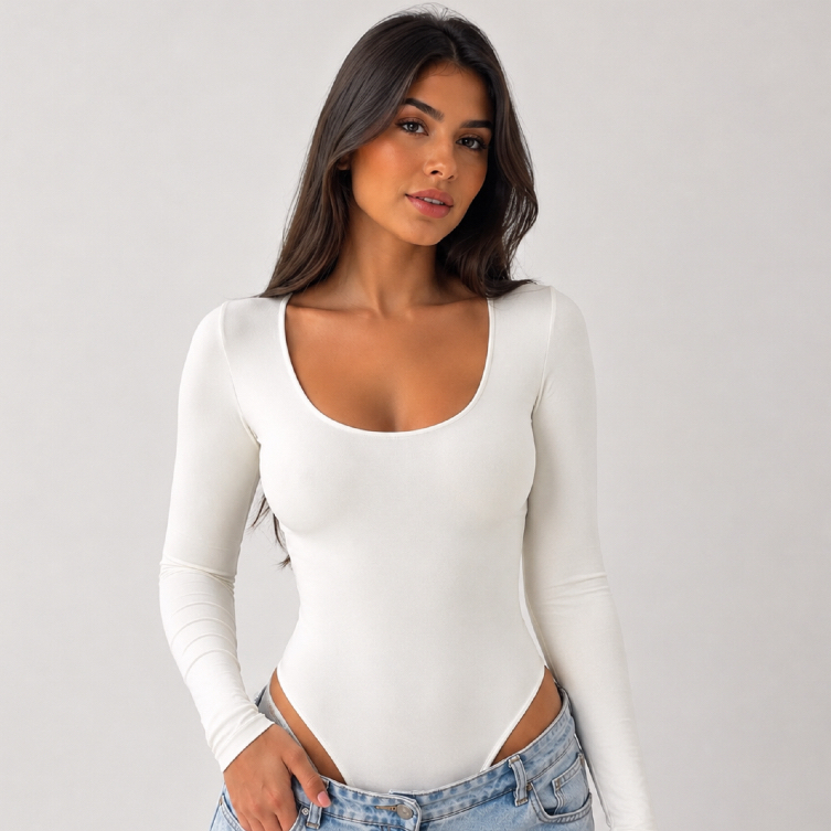 Body Feminino Decote Quadrado Manga Comprida Suplex Tendência Moda Blogueira Casual
