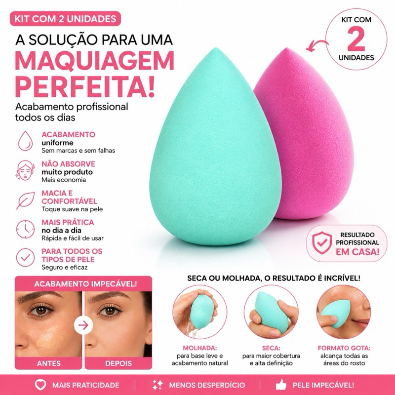 Esponja de Maquiagem Gota Kit 2 Unidades para Base Corretivo Blush Uso Seco ou Úmido Macia Reutilizável
