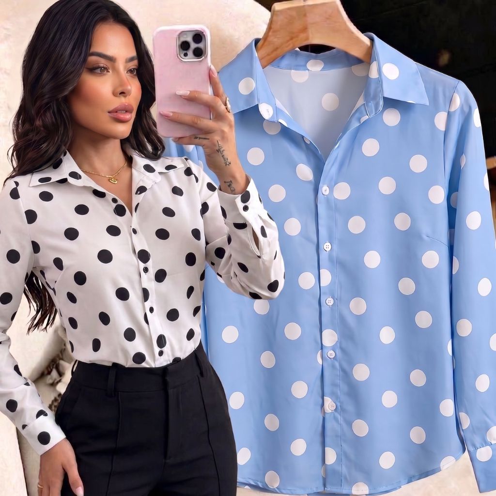 Camisa Social Feminina Poá TENDENCIA Manga Longa Elegante Moda Casual Chique versátil, confortável,  leve, P-M-G-GG