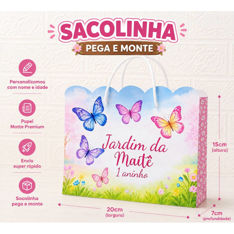 Kit sacolinhas personalizadas Jardim das borboletas-Jardim encantado-festa-lembrancinha