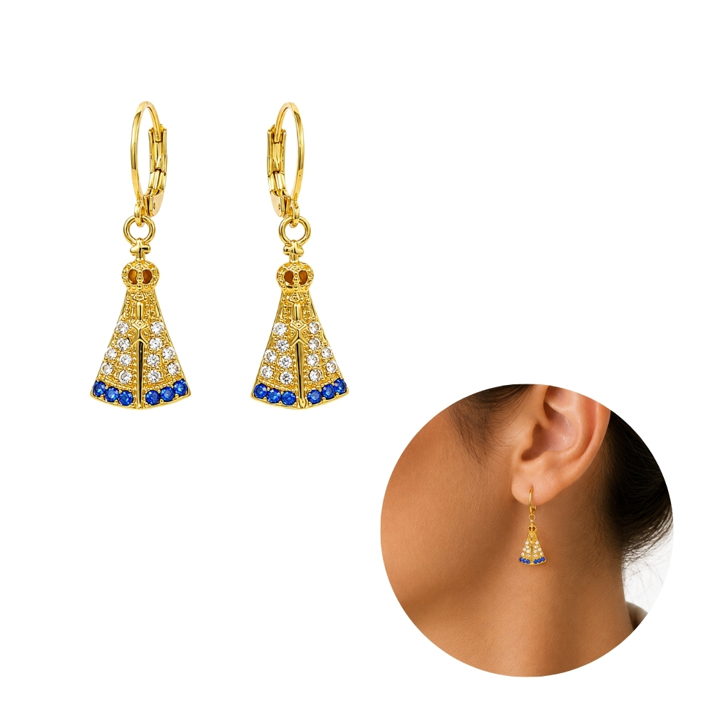 Brinco De Argolinha Nossa Senhora Aparecida Folheado A Ouro 18k