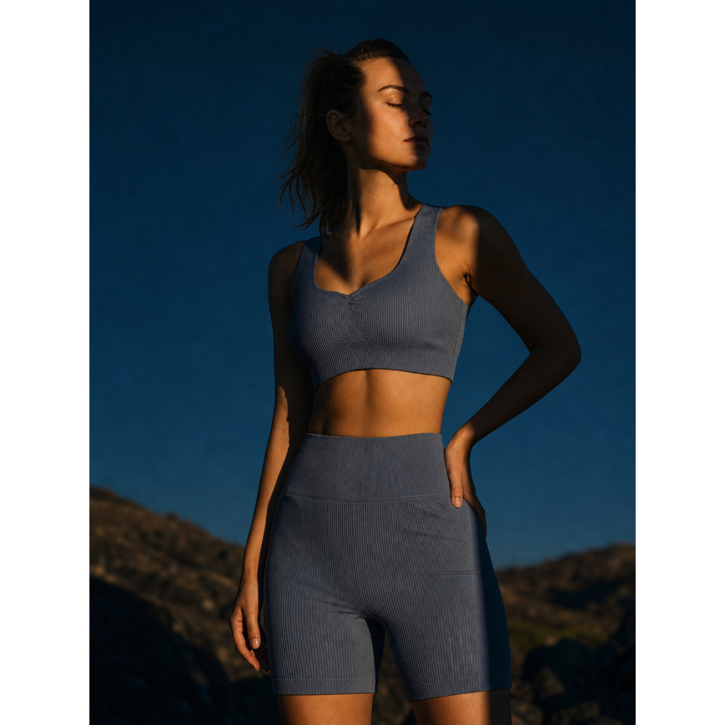 Conjunto de ginástica feminino acolchoado, com costas semiabertas e shorts esportivos, ideal para academia e ioga