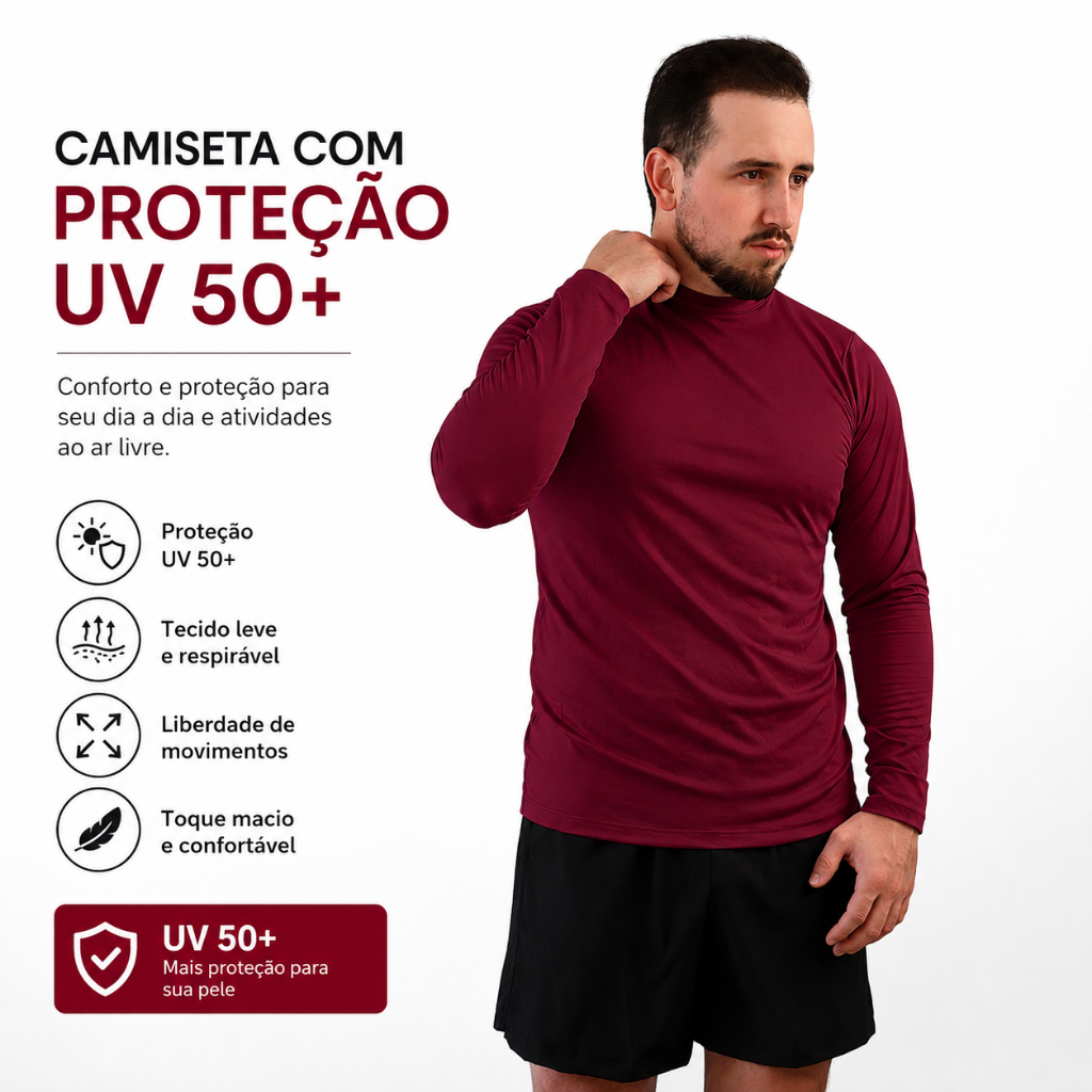 Camiseta de Compressão Segunda Pele Masculina UV 50+ Manga Longa Proteção Solar Corrida Praia Fitnes