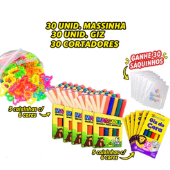 Kit 30 Unidades Massinha Modelar + 30 Unidades Giz+ 30 Cortadores + Ganhe 30 Saquinho Lembrancinha