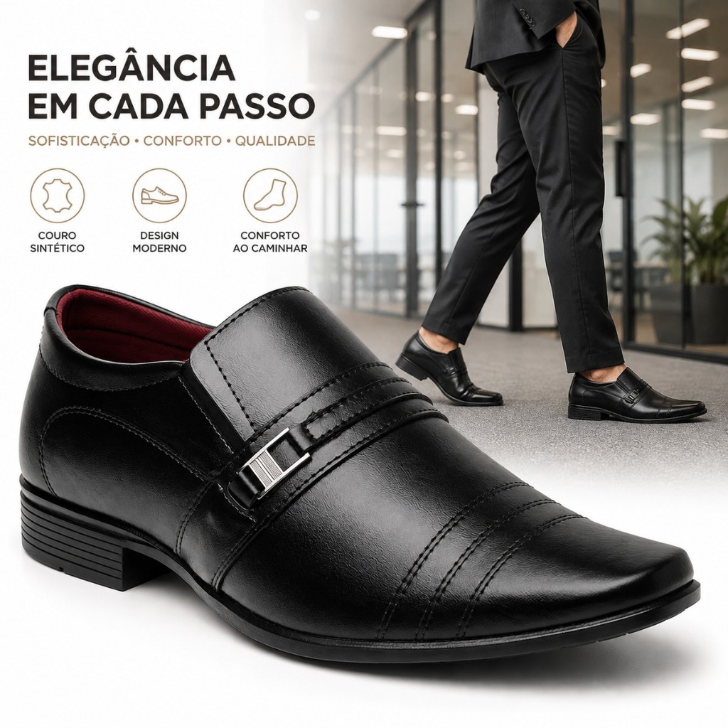 Sapato Social Masculino Confortável Bico Quadrado Sem Cadarço Trabalho Casual