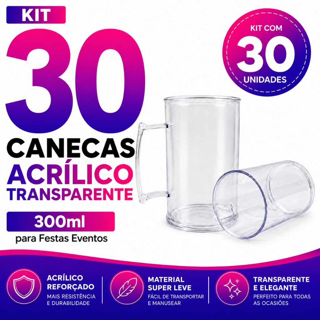 Kit 30 Canecas Acrílico Transparente 300ml SEM PERSONALIZAÇÃO para Casa Festas Eventos Formatura e Casamentos