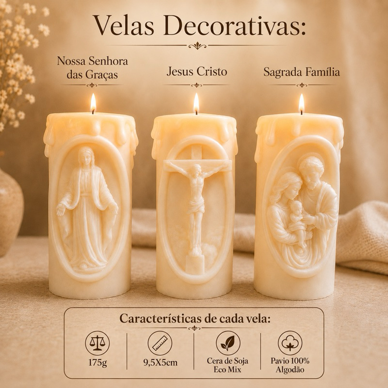 Velas Decorativas Religiosas 175g Nossa Senhora das Graças Jesus Cristo Sagrada Família Cera de Soja Eco Mix Artesanal