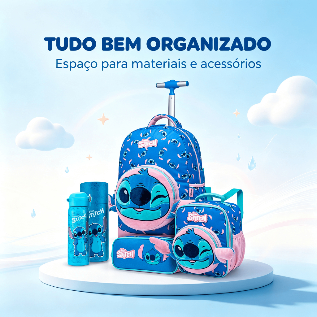 Kit Mochila Disney Lancheira Estojo Garrafa Escolar Stitch Rodinha