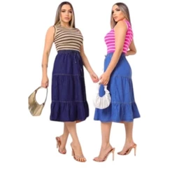 Saia Jeans Moda Evangélica 3 marias midi com elastico na cintura