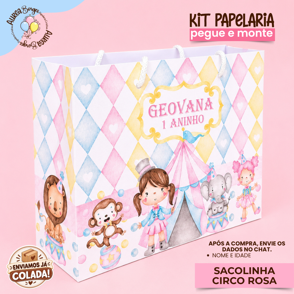 Sacolinha Personalizada Circo Rosa Lembracinha Papel Offset 180g 15x19,5x7cm Festa Infantil