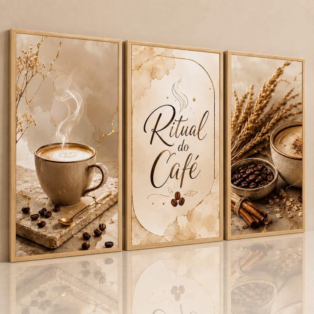 Kit Quadros Decorativos Café Luxo Cozinha Gourmet Decoração Área do Café Bege