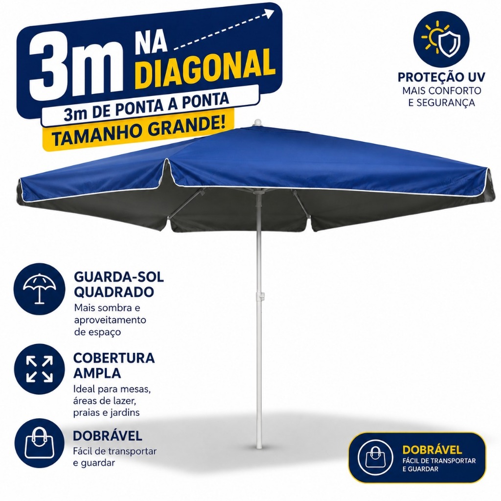 Guarda Sol 3Mx3m Gigante Quadrado 3Mx3m Aberto Reforçado